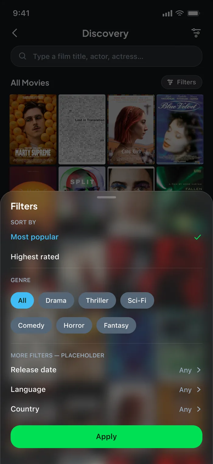 Discovery — filters open