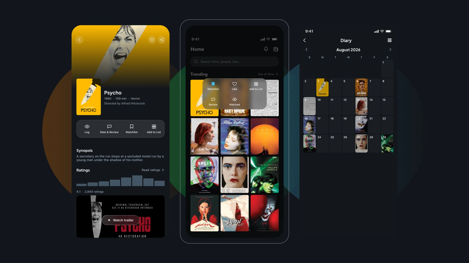Letterboxd redesign — film page, home quick actions and the diary calendar